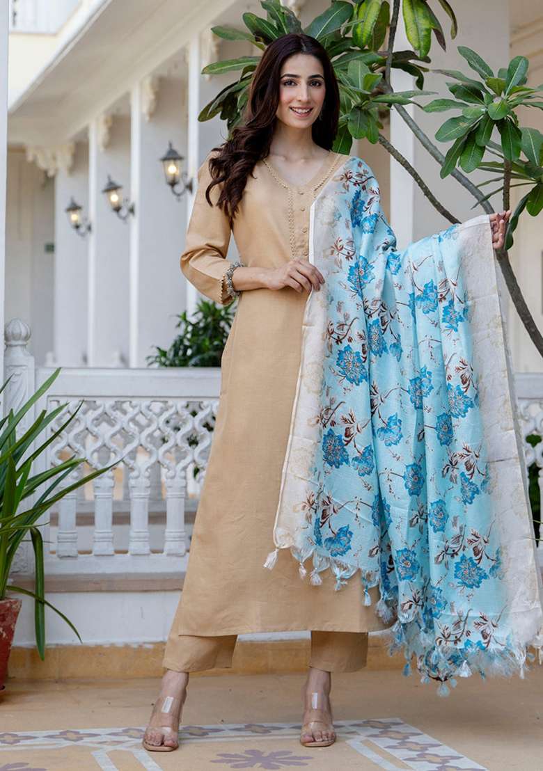 Beige Printed Cotton Kurta Set - Indya