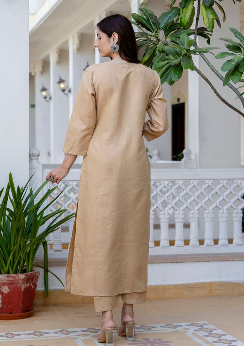 Beige Printed Cotton Kurta Set - Indya