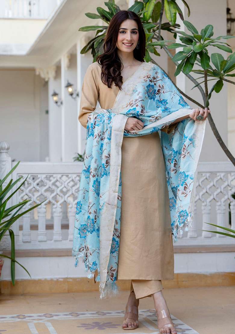 Beige Printed Cotton Kurta Set - Indya