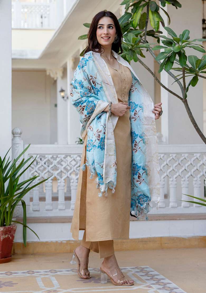Beige Printed Cotton Kurta Set - Indya