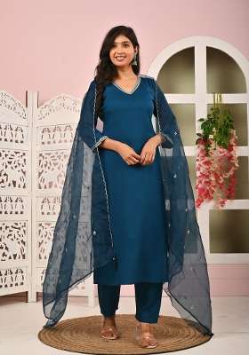 Teal Blue Plain Viscose Kurta Set