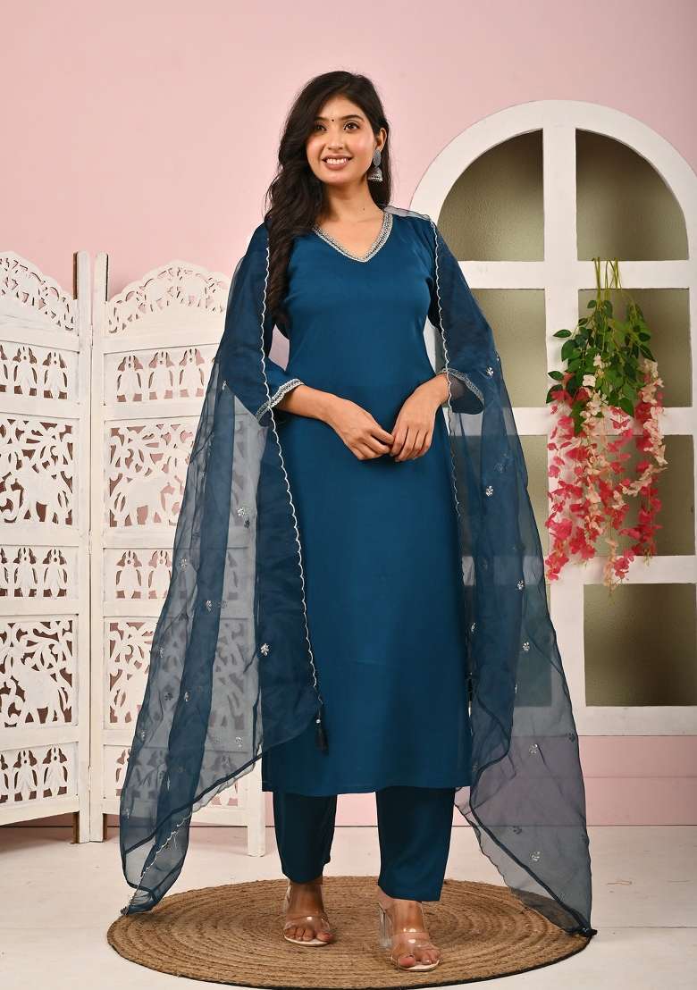 Teal Blue Plain Viscose Kurta Set - Indya