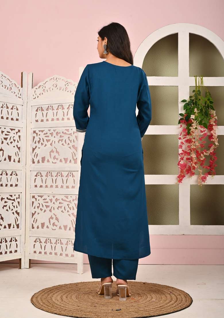 Teal Blue Plain Viscose Kurta Set - Indya