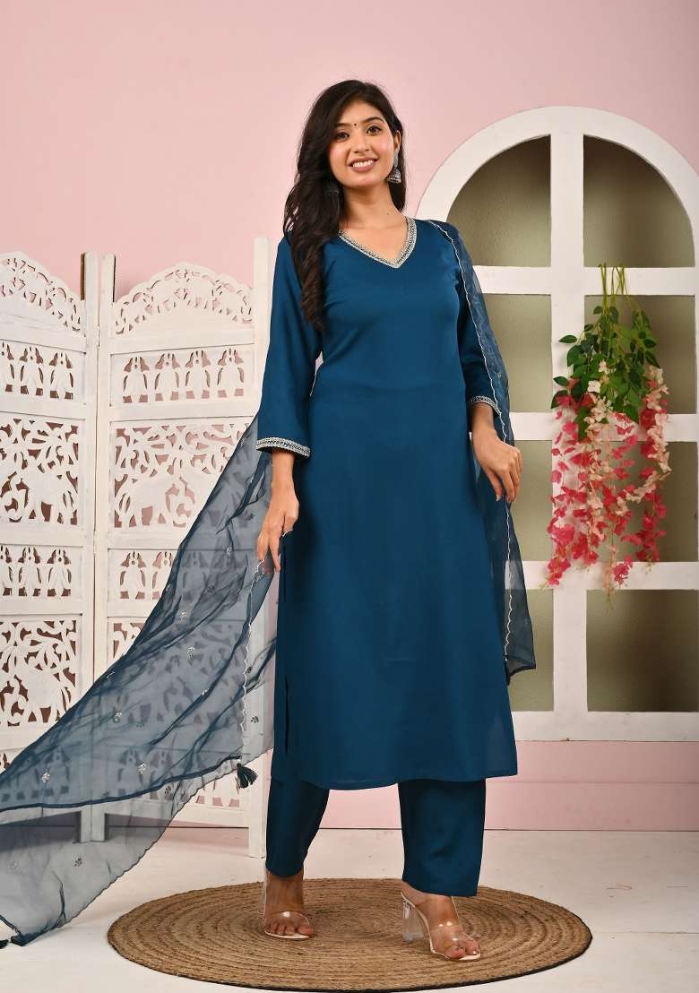 Teal Blue Plain Viscose Kurta Set - Indya