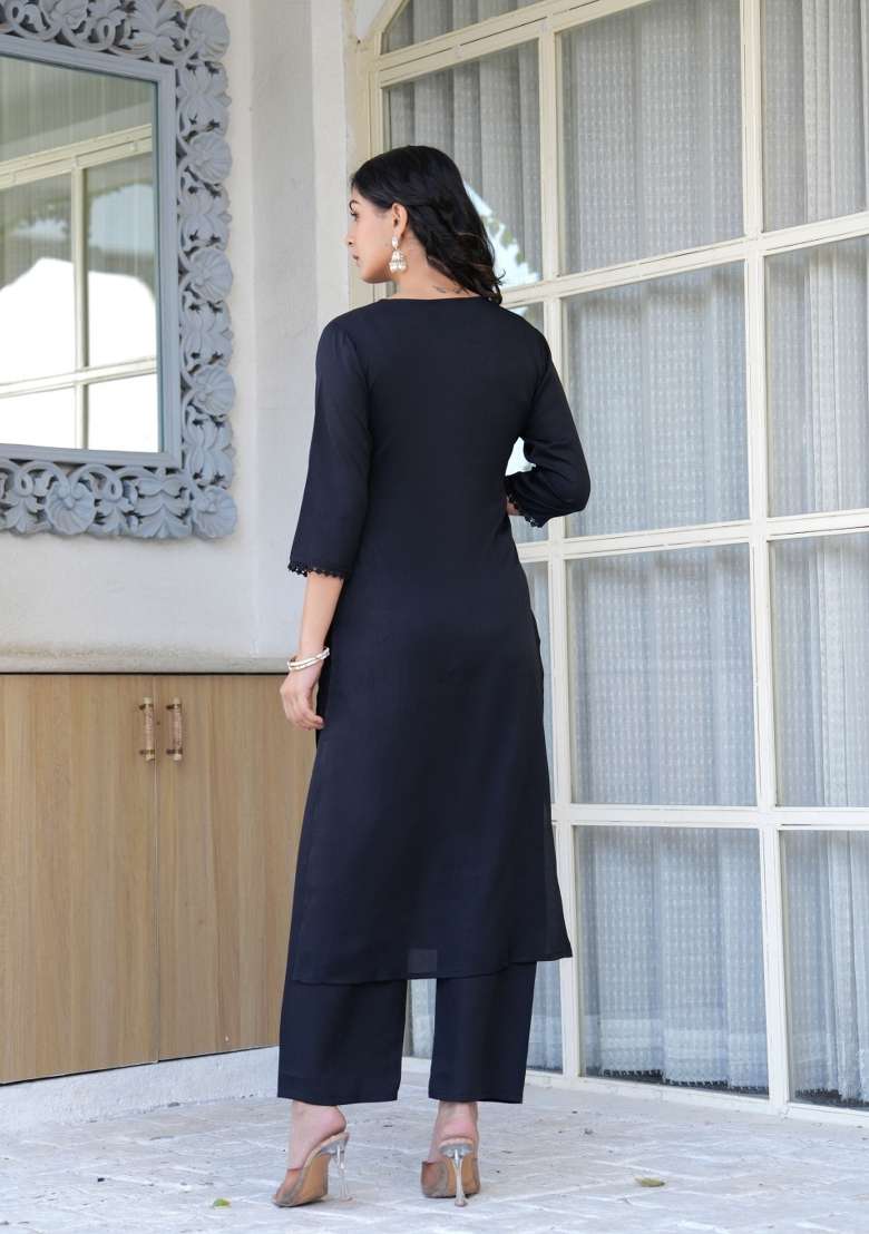 Black Printed Cotton Kurta Set - Indya