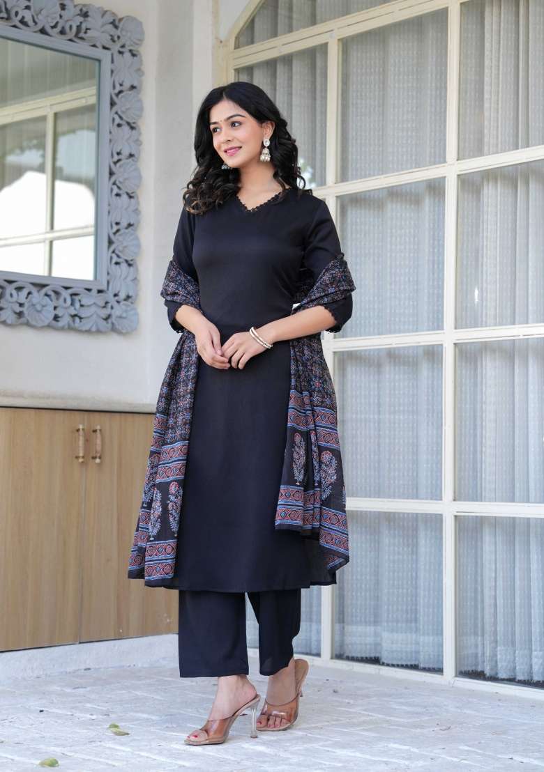 Black Printed Cotton Kurta Set - Indya