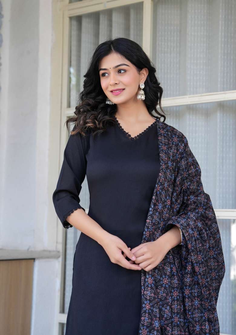 Black Printed Cotton Kurta Set - Indya