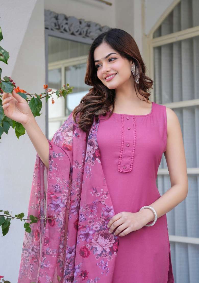 Mauve Plain Cotton Kurta Set - Indya