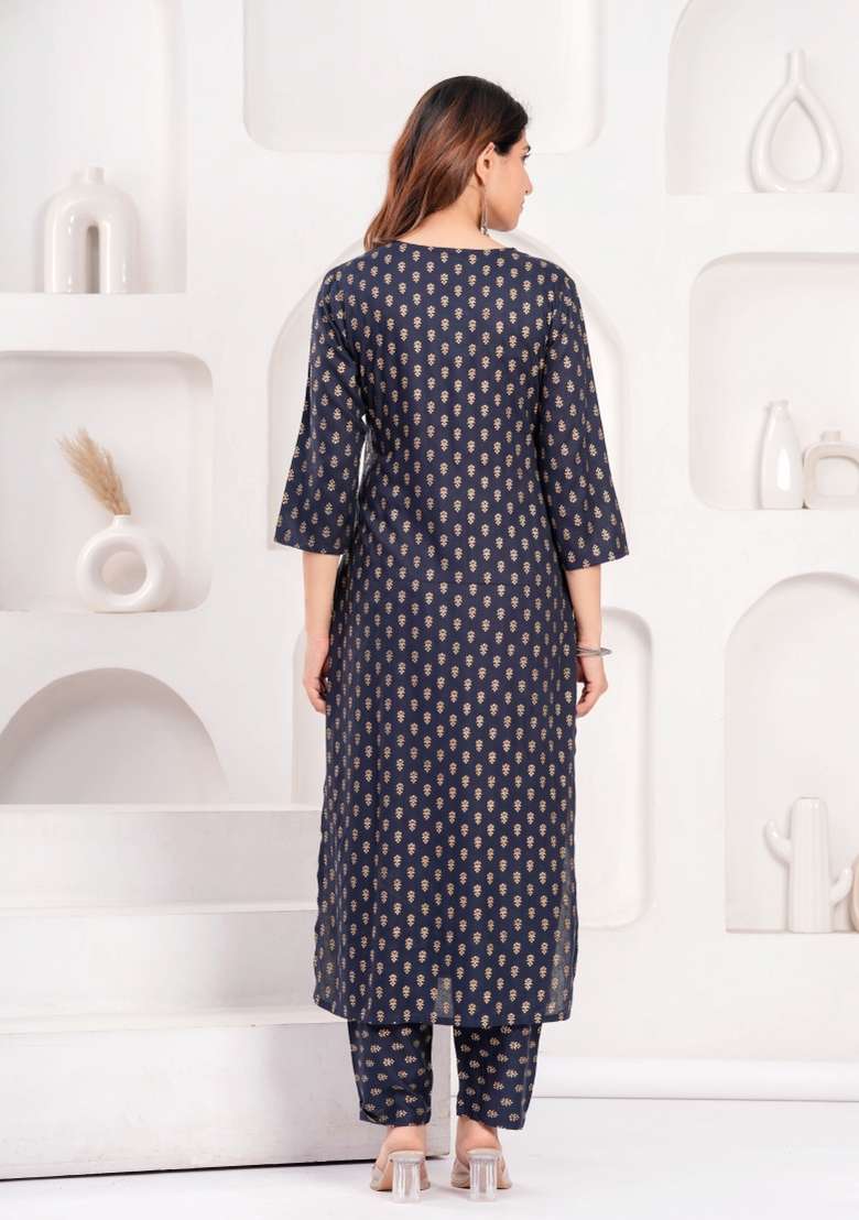 Navy Blue Printed Viscose Kurta Set - Indya