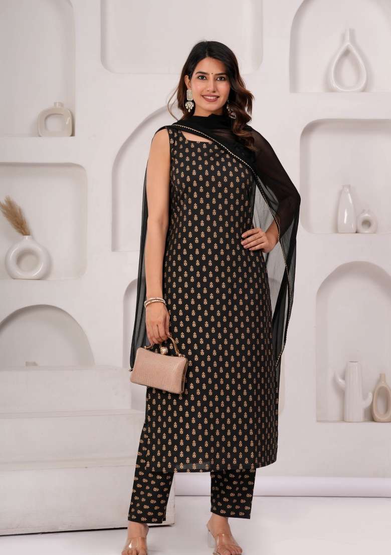 Black Printed Cotton Kurta Set - Indya