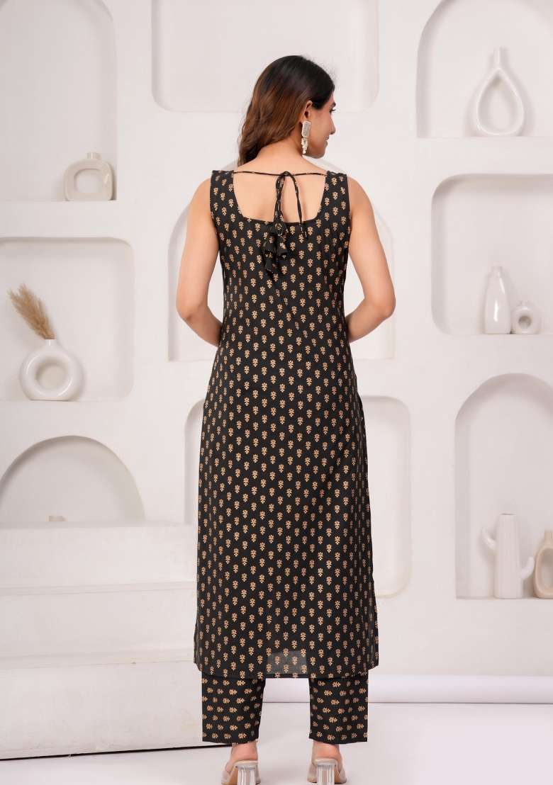 Black Printed Cotton Kurta Set - Indya