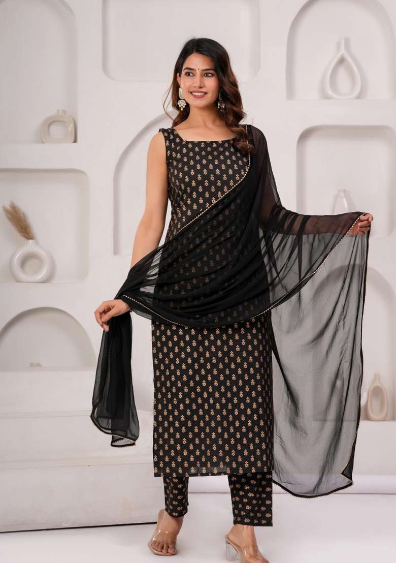 Black Printed Cotton Kurta Set - Indya