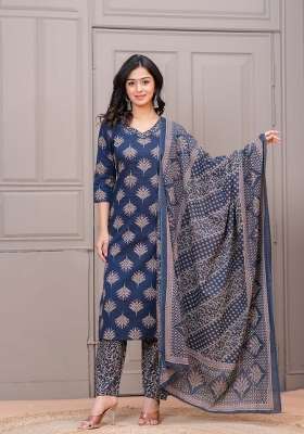 Navy Blue Printed Cotton Kurta Set