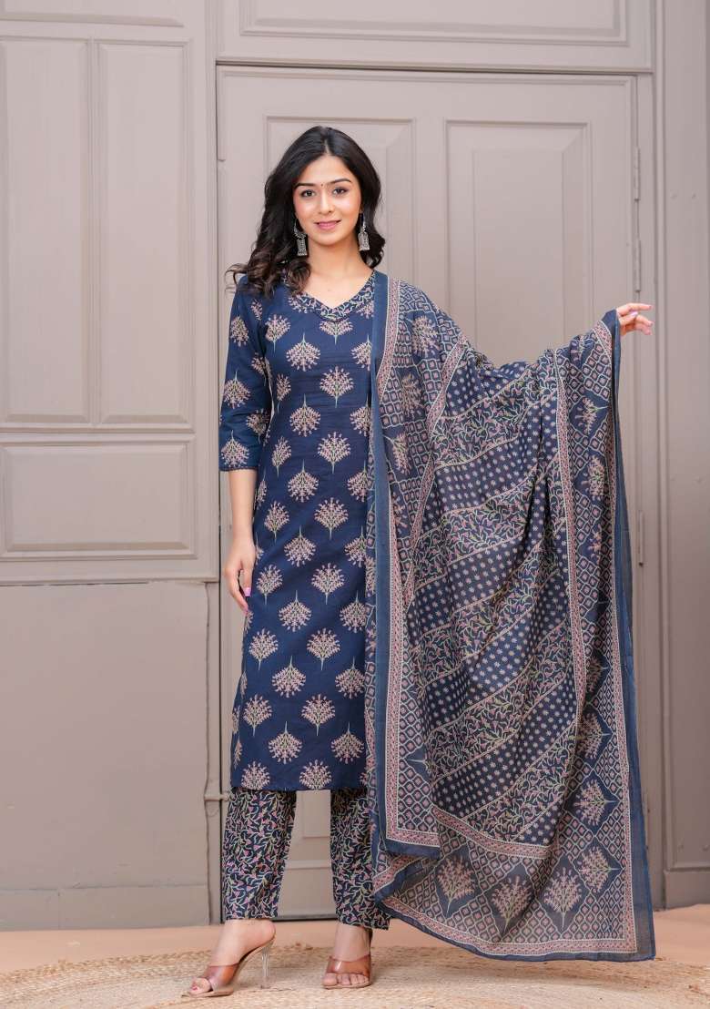 Navy Blue Printed Cotton Kurta Set - Indya