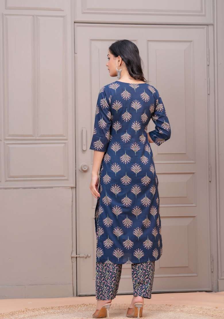 Navy Blue Printed Cotton Kurta Set - Indya