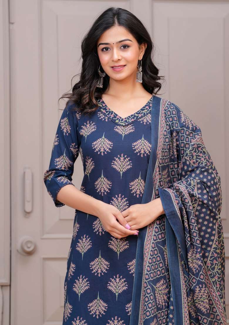 Navy Blue Printed Cotton Kurta Set - Indya