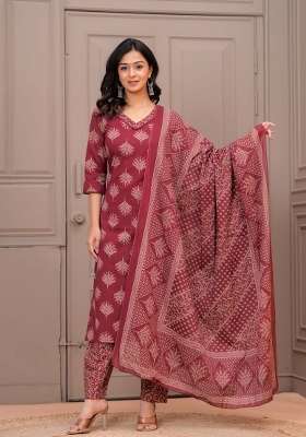 Maroon Printed Cotton Kurta Set