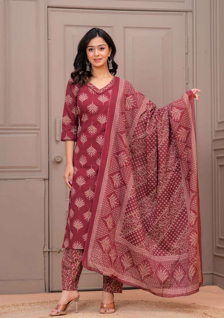 Maroon Printed Cotton Kurta Set - Indya
