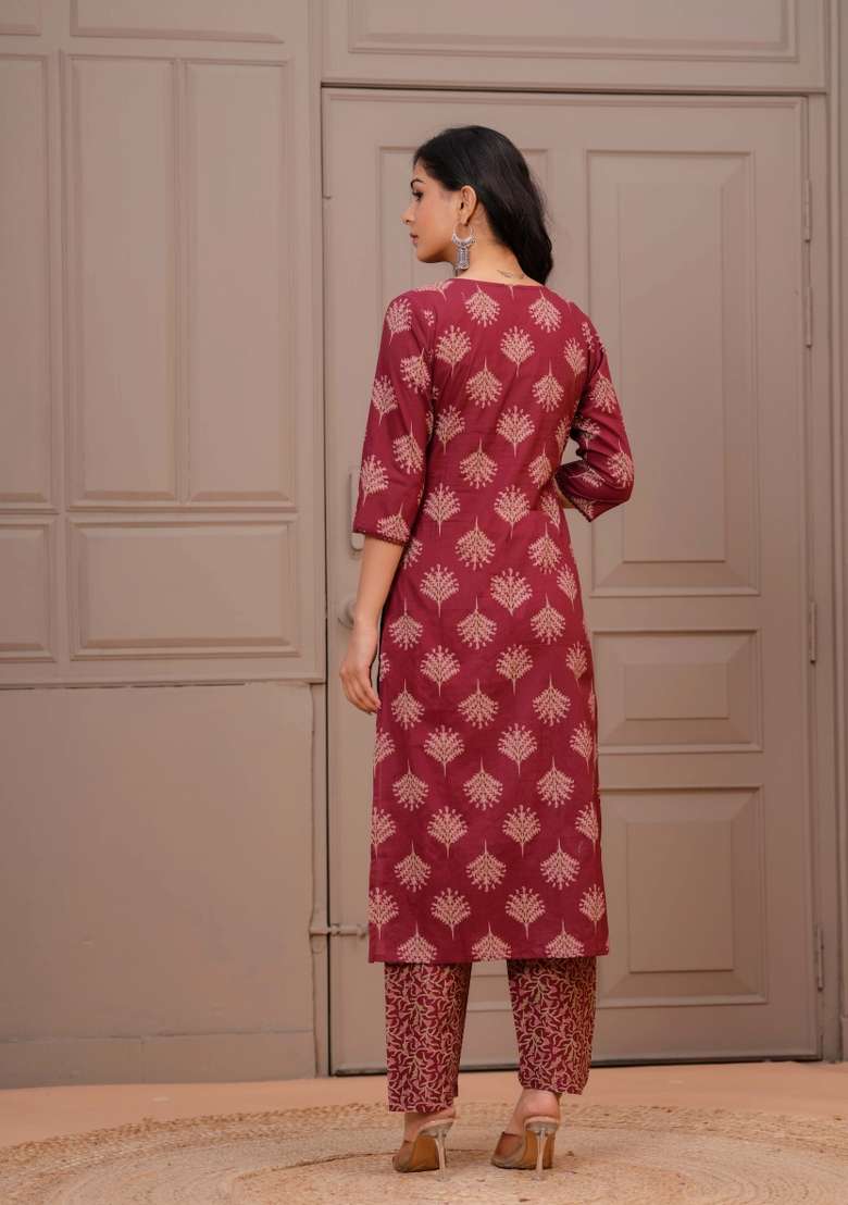 Maroon Printed Cotton Kurta Set - Indya