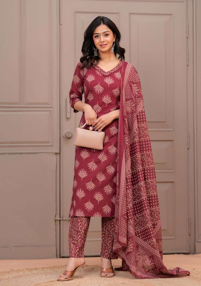 Maroon Printed Cotton Kurta Set - Indya