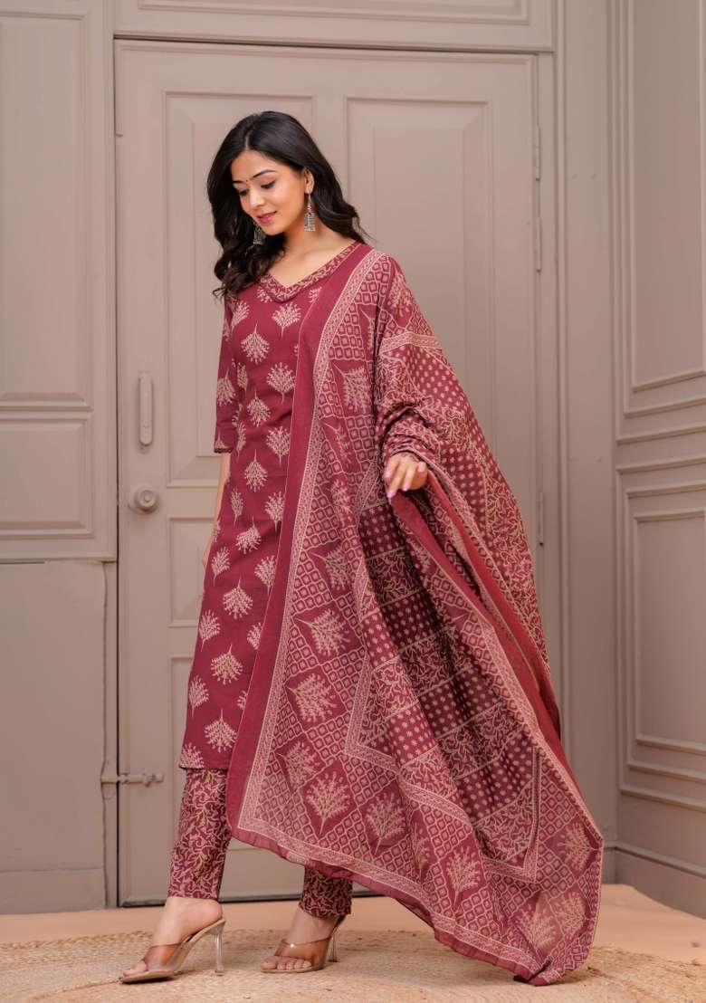 Maroon Printed Cotton Kurta Set - Indya