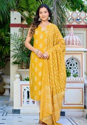 Yellow Printed Cotton Kurta Set
