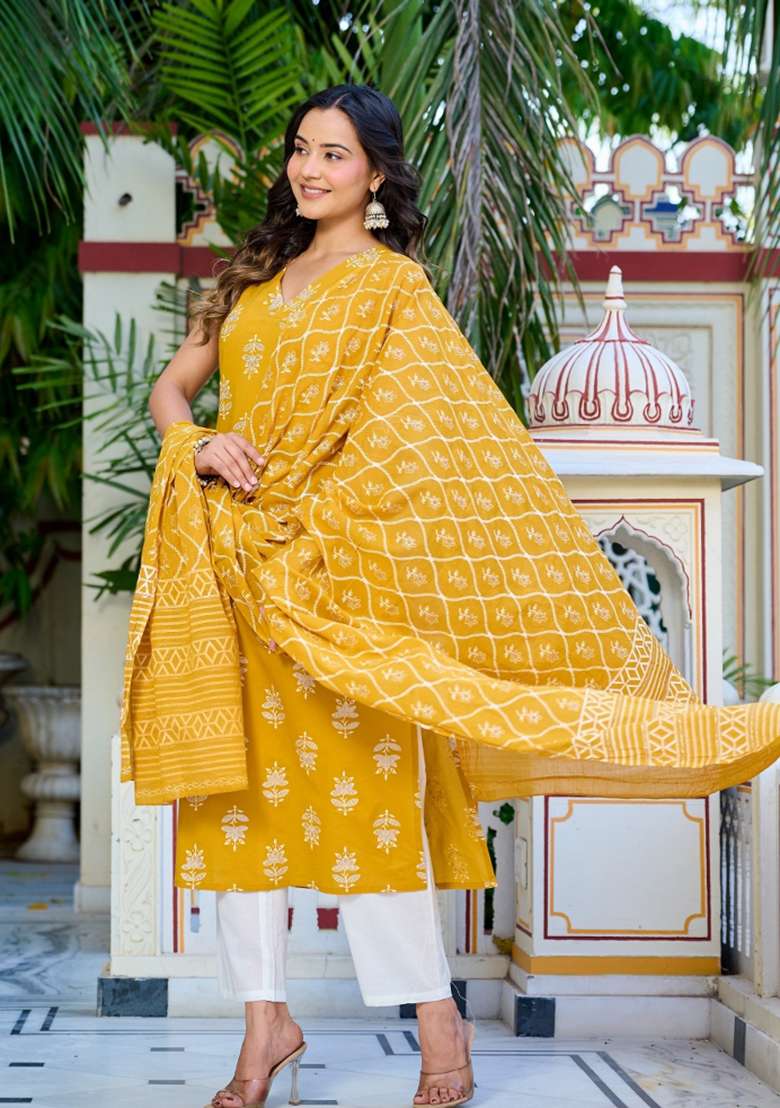 Yellow Printed Cotton Kurta Set - Indya