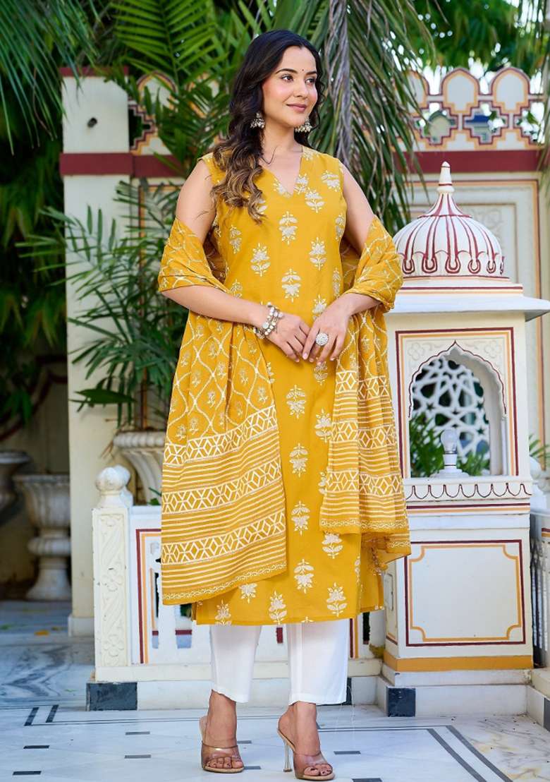 Yellow Printed Cotton Kurta Set - Indya