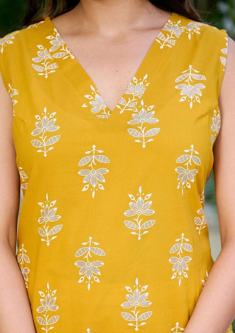 Yellow Printed Cotton Kurta Set - Indya
