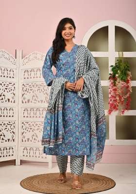 Blue Printed Cotton Kurta Set