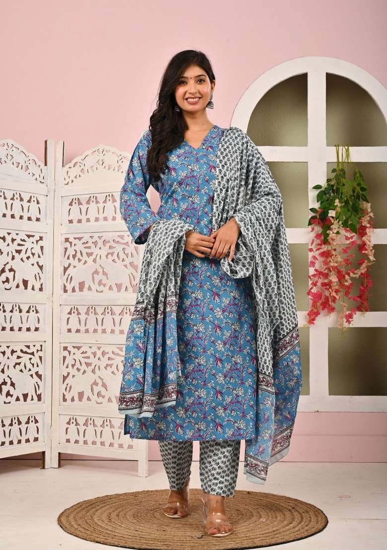 Blue Printed Cotton Kurta Set - Indya