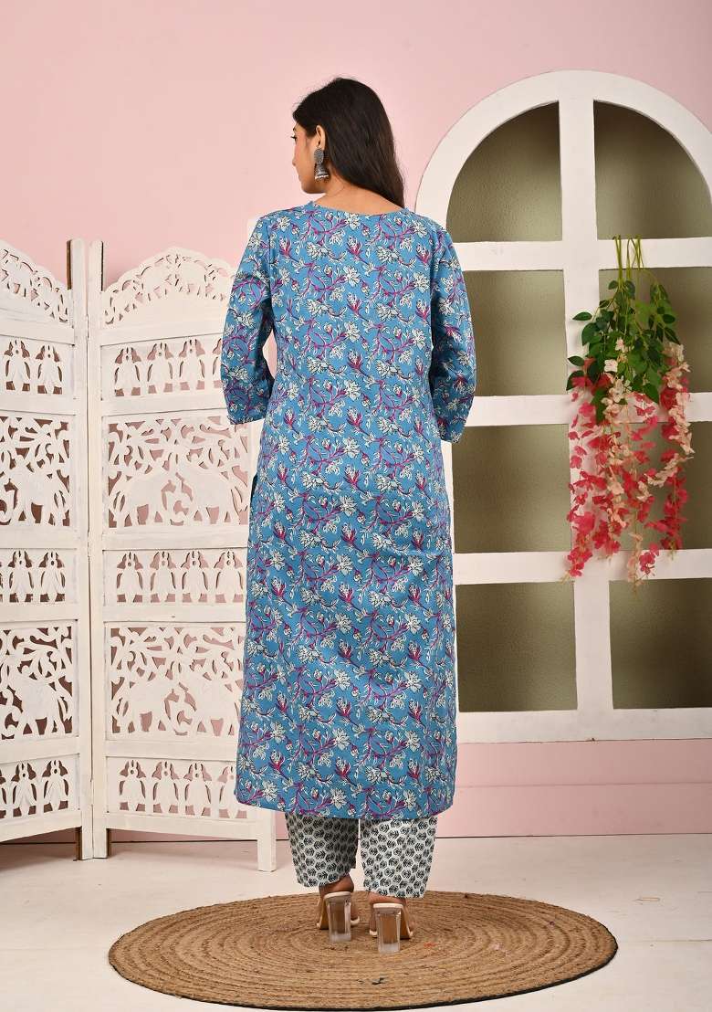 Blue Printed Cotton Kurta Set - Indya