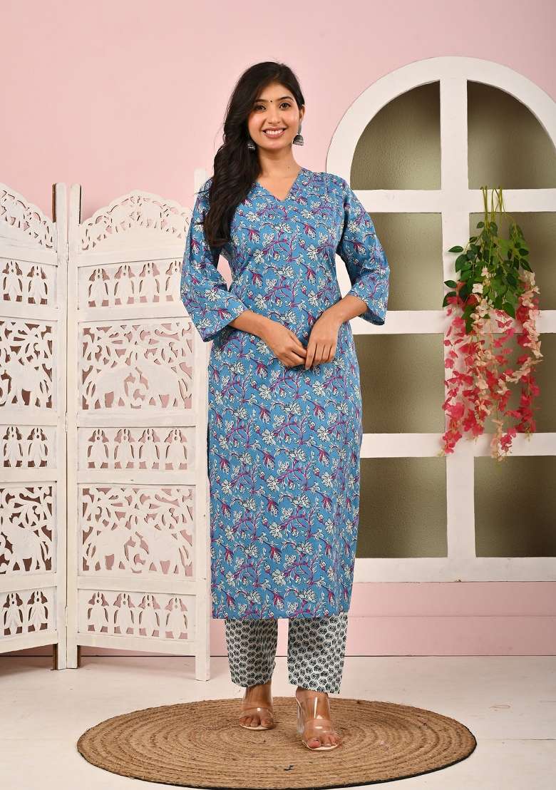 Blue Printed Cotton Kurta Set - Indya