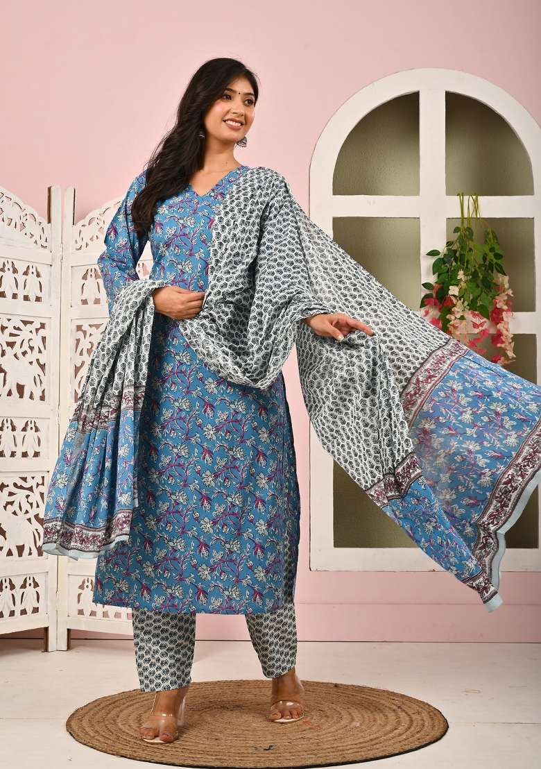 Blue Printed Cotton Kurta Set - Indya