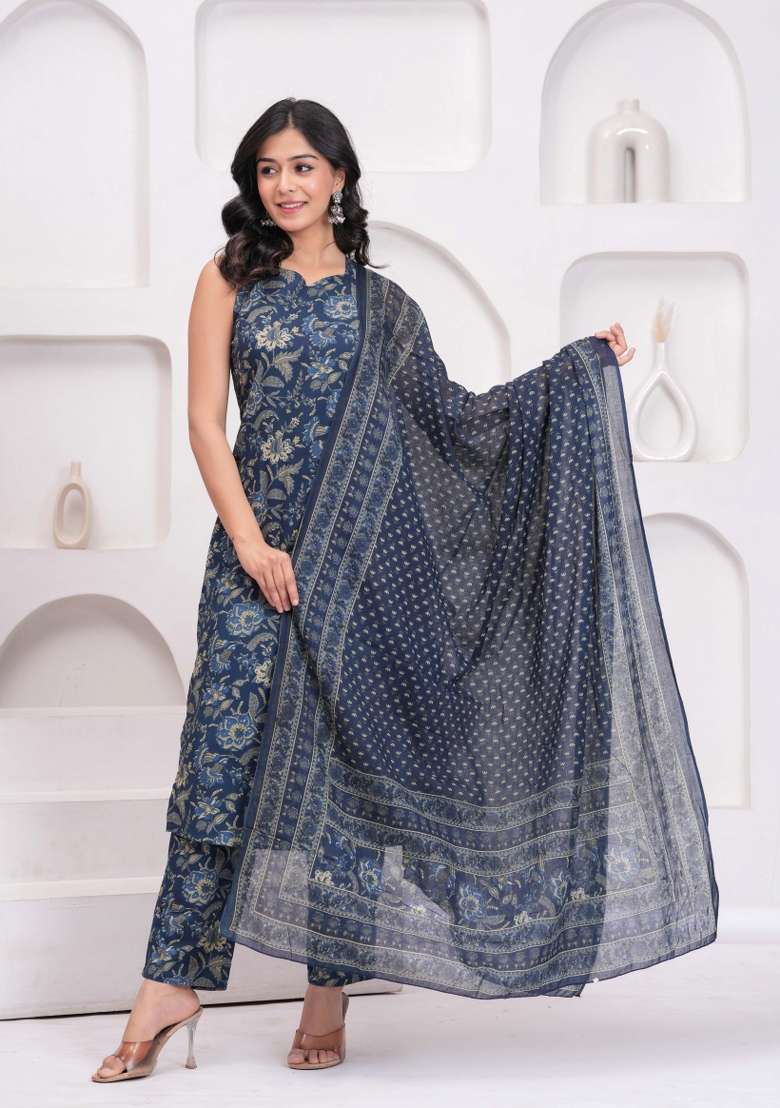 Blue Printed Cotton Kurta Set - Indya