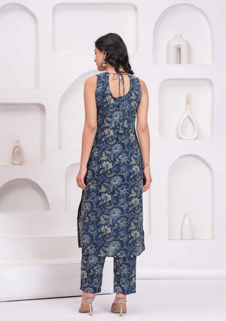 Blue Printed Cotton Kurta Set - Indya