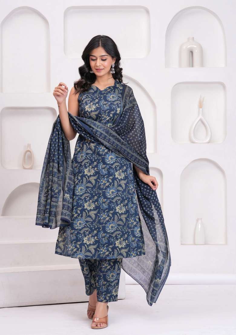 Blue Printed Cotton Kurta Set - Indya