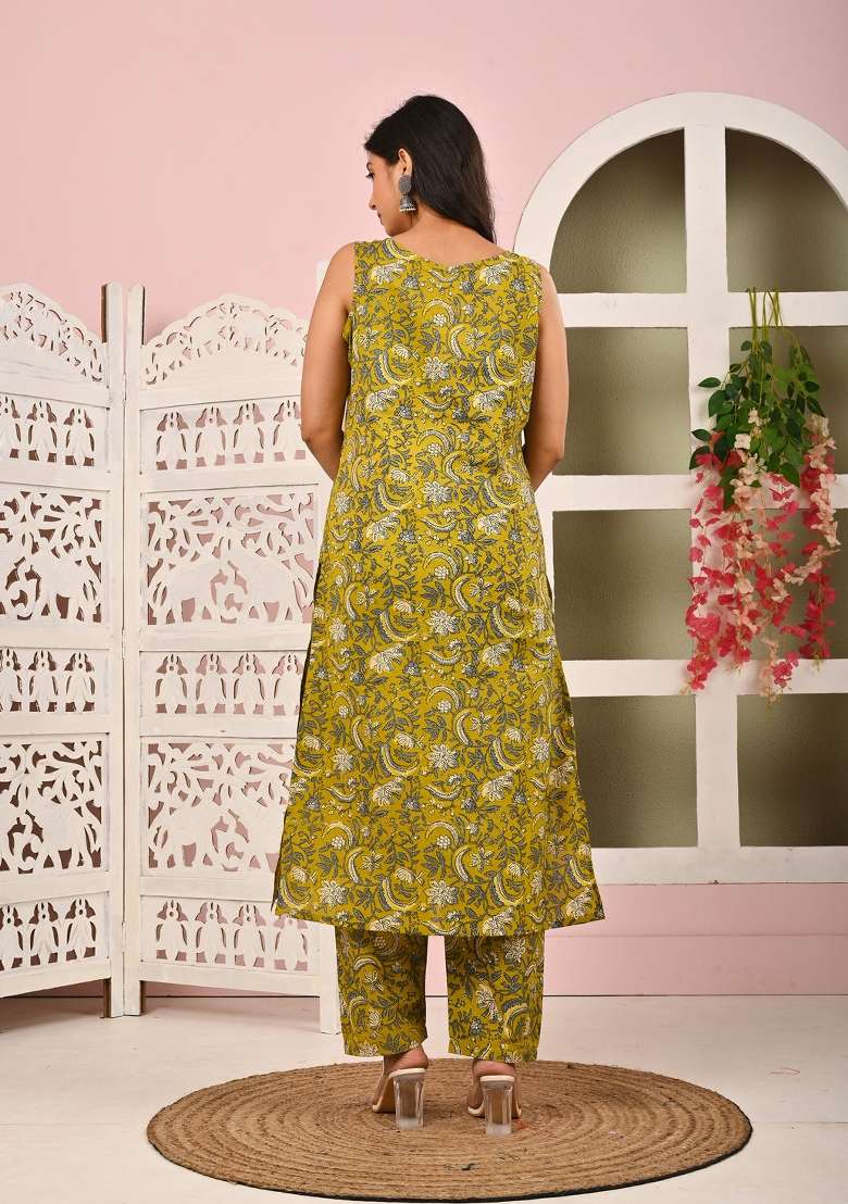 Green Printed Cotton Kurta Set - Indya