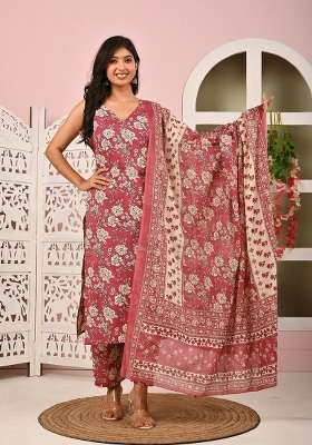 Mauve Printed Cotton Kurta Set