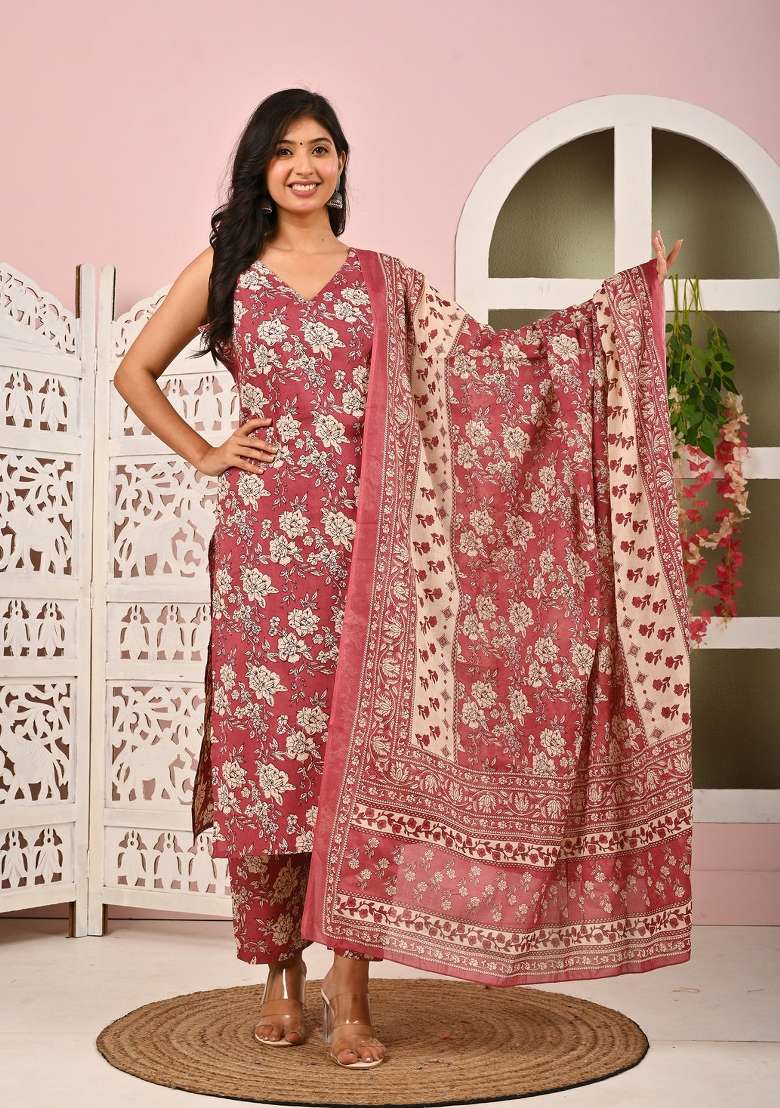 Mauve Printed Cotton Kurta Set - Indya