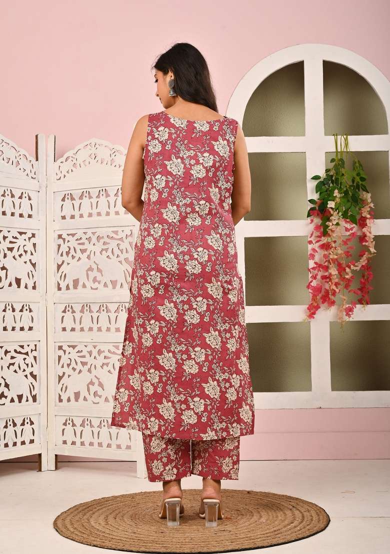 Mauve Printed Cotton Kurta Set - Indya