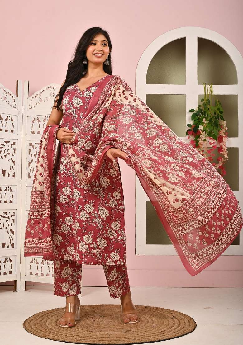 Mauve Printed Cotton Kurta Set - Indya