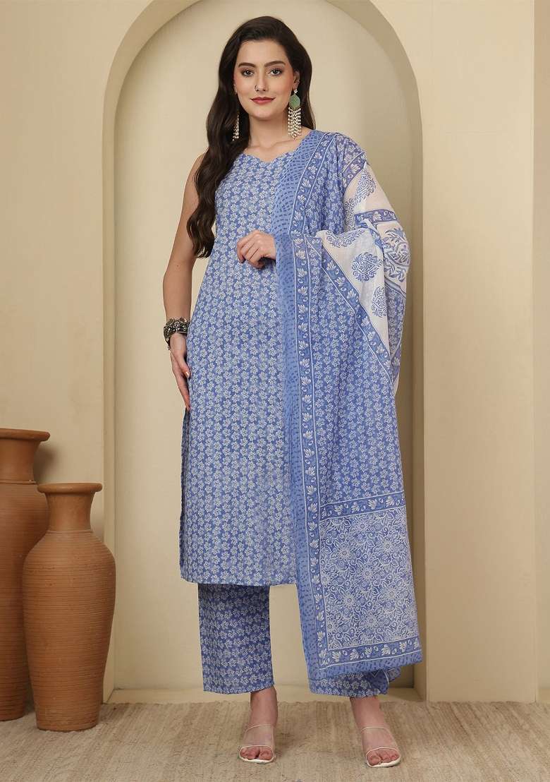 Blue Printed Cotton Kurta Set - Indya