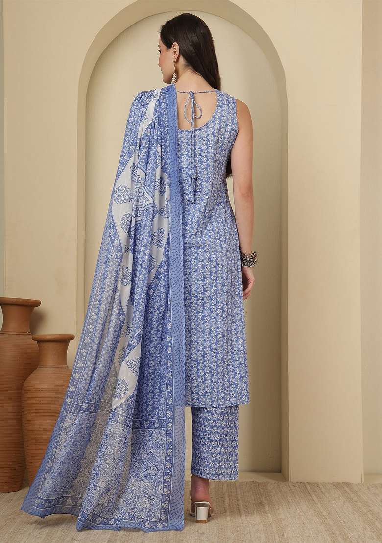 Blue Printed Cotton Kurta Set - Indya