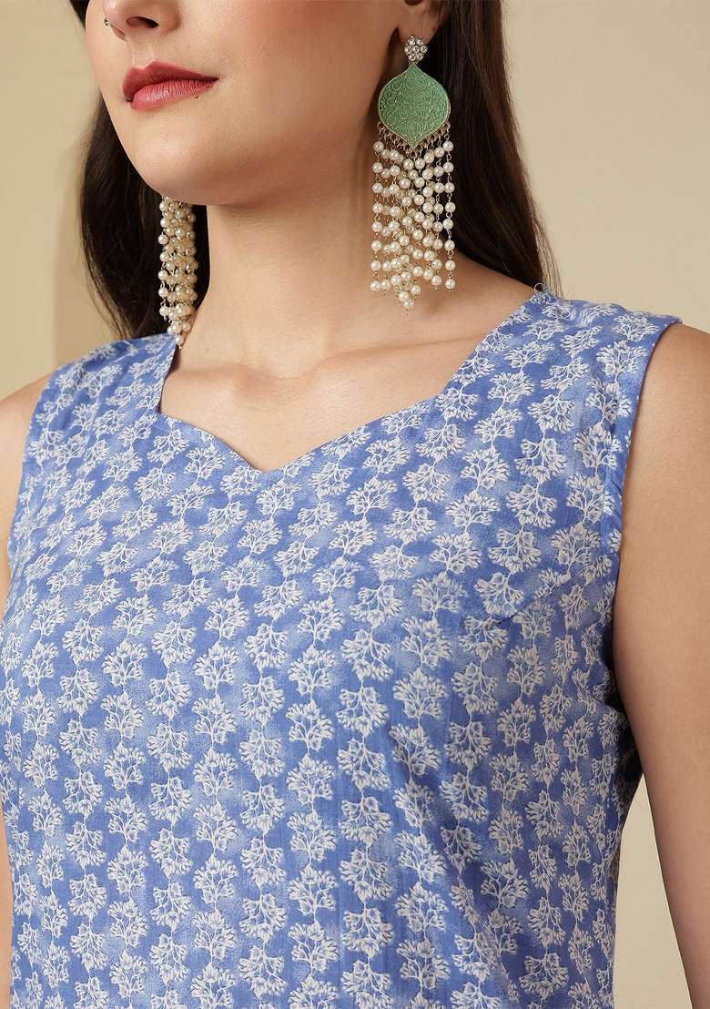 Blue Printed Cotton Kurta Set - Indya