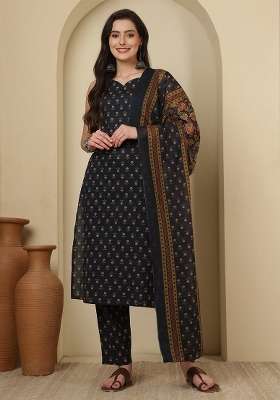 Blue Printed Cotton Kurta Set
