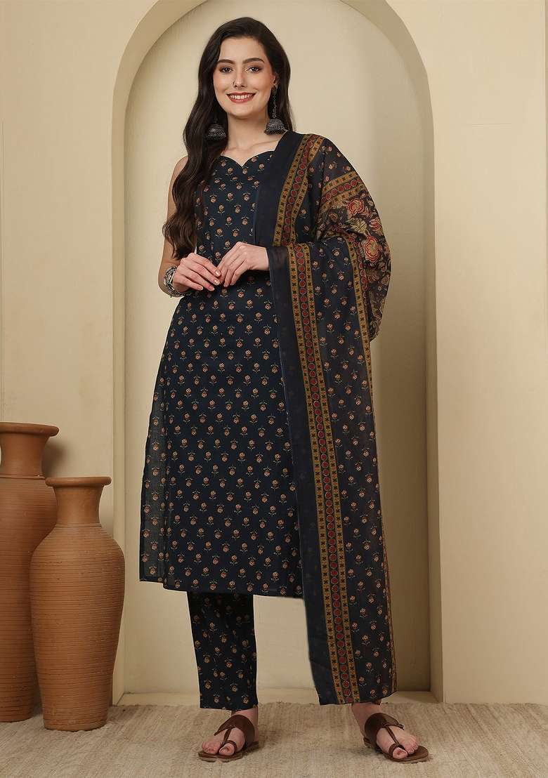 Blue Printed Cotton Kurta Set - Indya