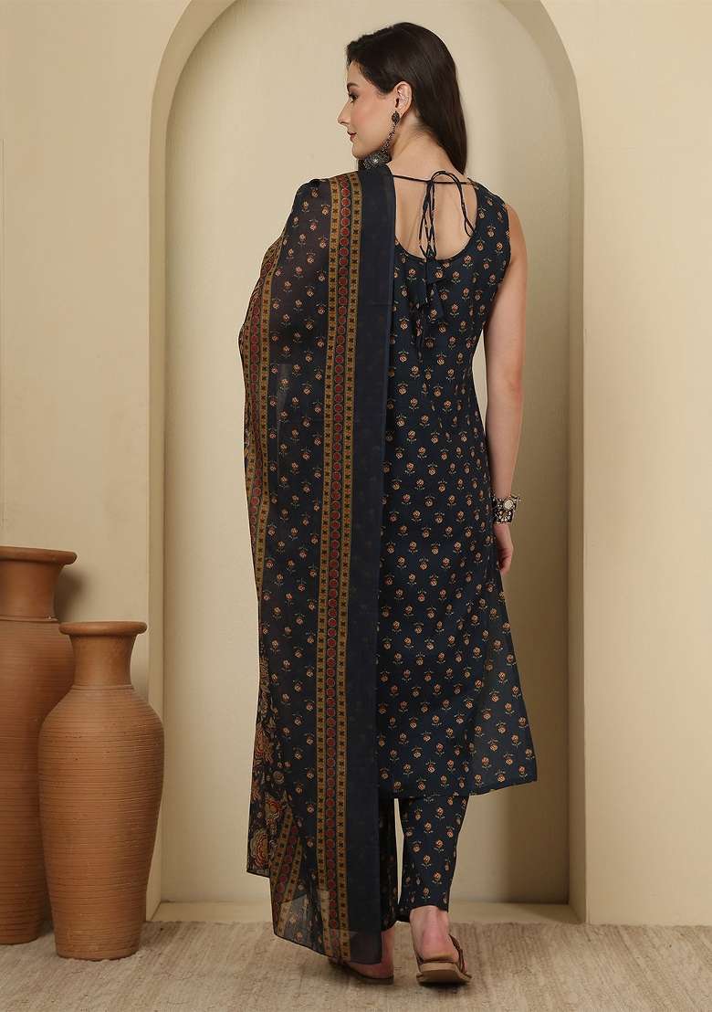 Blue Printed Cotton Kurta Set - Indya