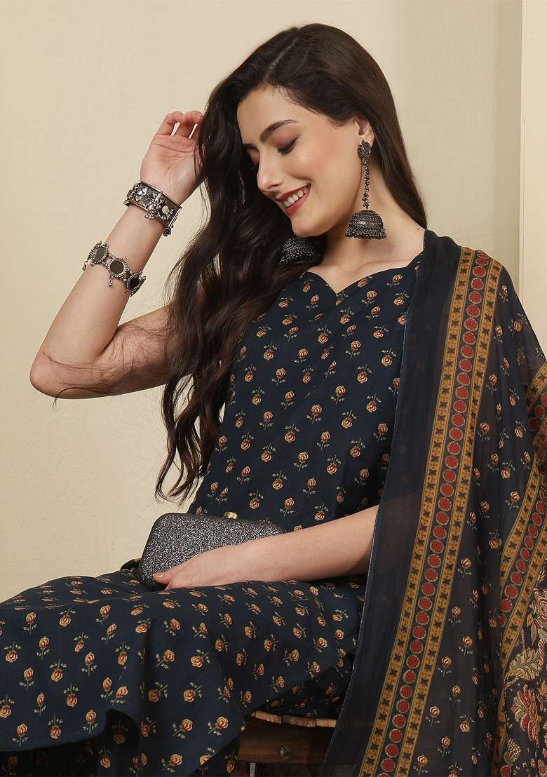 Blue Printed Cotton Kurta Set - Indya