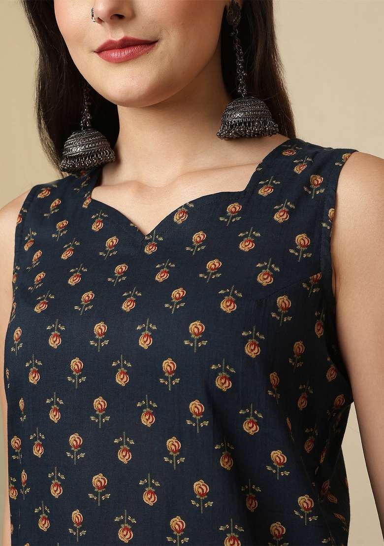 Blue Printed Cotton Kurta Set - Indya